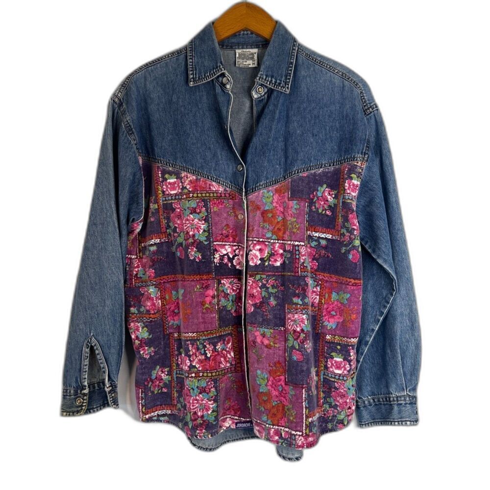 Original Jordache Vintage 100%‎ Cotton Denim Shirt Velvet Floral Front Sz Medium